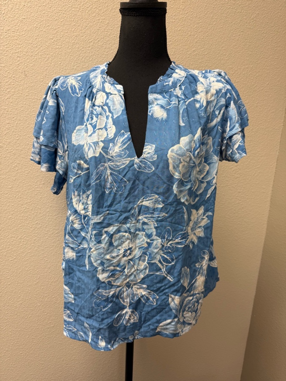 Laura Ashley Blue Floral Blouse XL Boho Cottagecore Short Sleeve Top - Picture 2 of 10